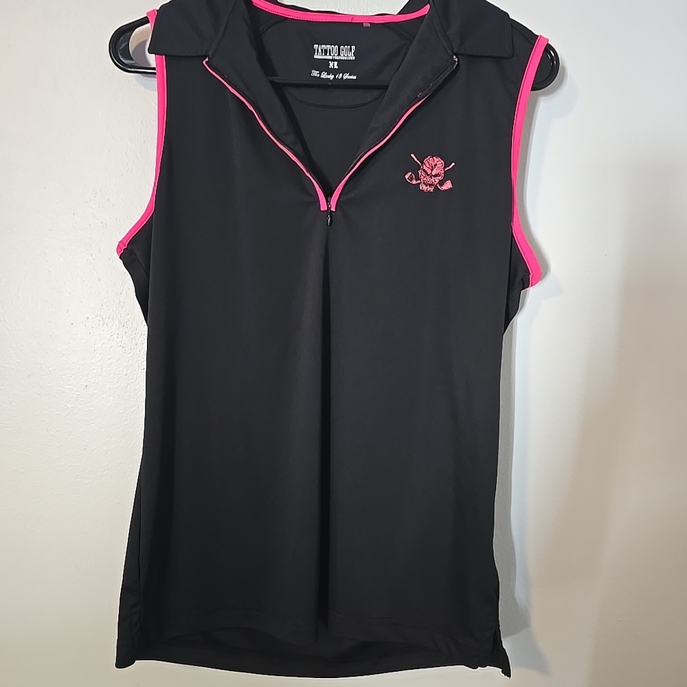 Tattoo Golf Sleeveless Cool Stretch Womens Golf Shirt Black Pink Lucky 13 Skull - Picture 1 of 3